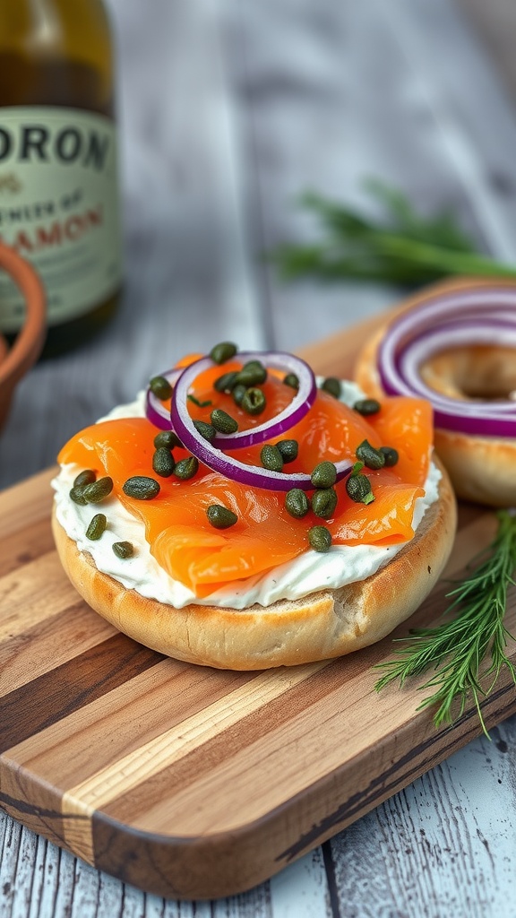 A smoked salmon bagel topped with cream cheese, red onion, and capers.