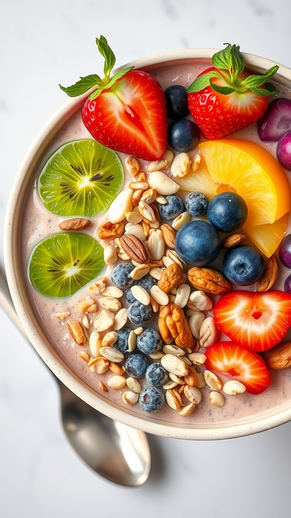 A delicious smoothie bowl topped with fresh fruit, nuts, and granola.