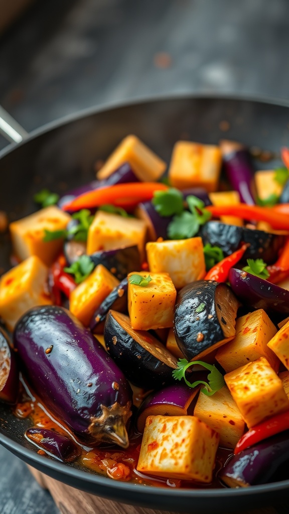 A colorful stir-fry dish featuring eggplant, tofu, and bell peppers.