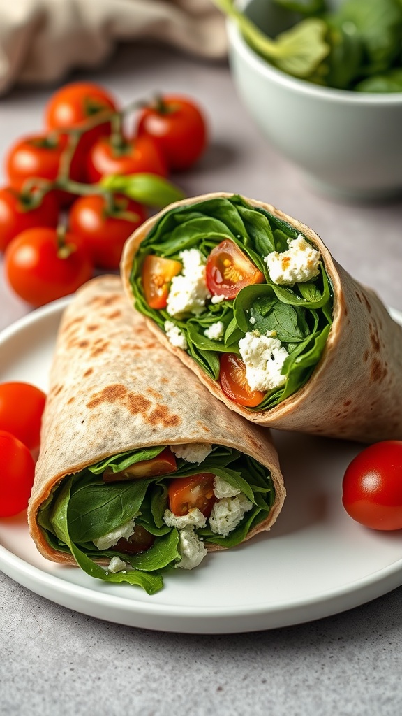 A delicious spinach and feta breakfast wrap on a plate, accompanied by cherry tomatoes.