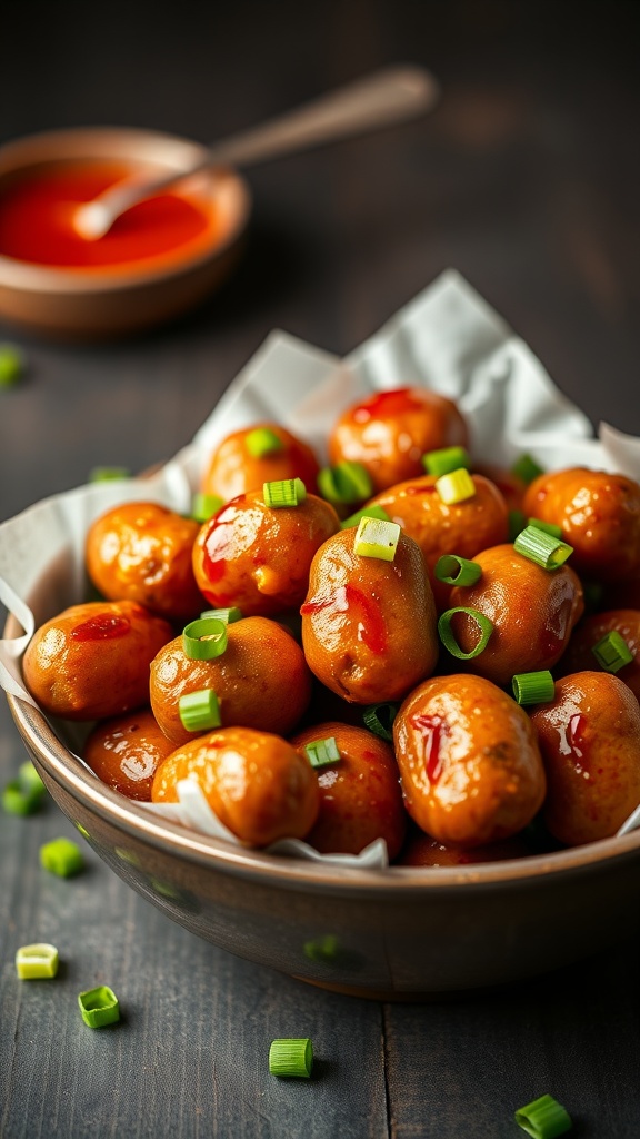 A bowl filled with sweet and sour sausage bites garnished with chopped green onions.