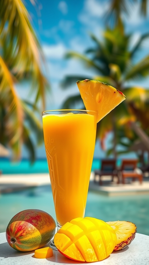 A vibrant mango-pineapple smoothie served in a glass, garnished with a slice of pineapple.