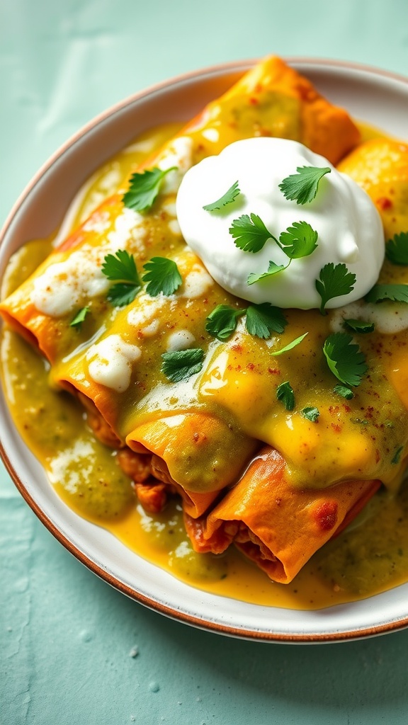 Vegetable enchiladas topped with green sauce and garnished with sour cream and cilantro.