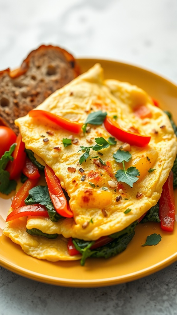 A delicious vegetable omelette garnished with fresh herbs, served with bread.