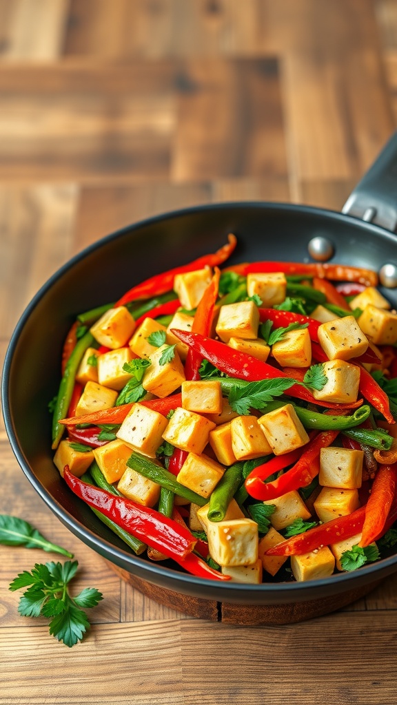 A colorful vegetable stir-fry featuring tofu, bell peppers, green beans, and garnished with cilantro.