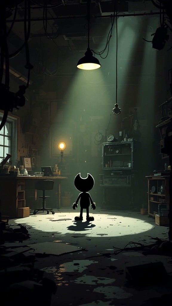 A dark room with a cartoonish character standing in a spotlight, surrounded by shadows and clutter.