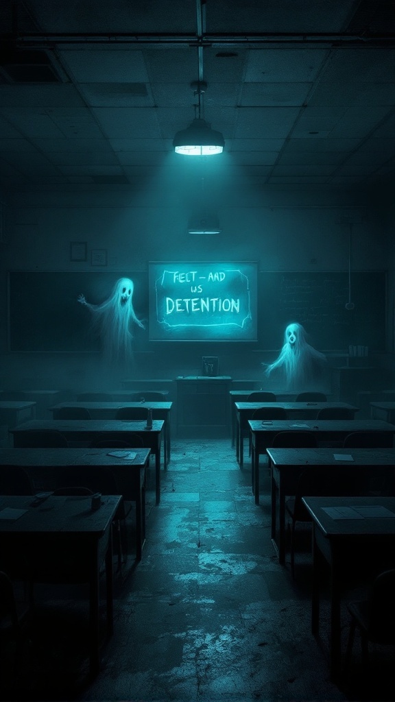 A dark classroom with ghostly figures and a glowing chalkboard displaying the word 'DETECTION'.