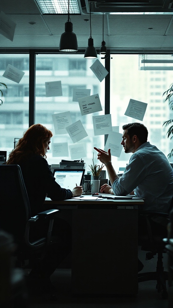 A man and woman having a conversation in an office with scattered papers around them.