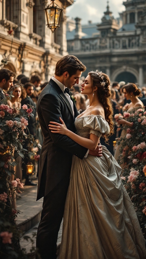 A romantic couple in historical attire sharing an intimate moment at a lavish gathering, surrounded by elegantly dressed guests and floral decorations.