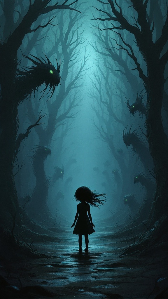 A dark forest with a small girl standing on a path, surrounded by ominous, shadowy figures.