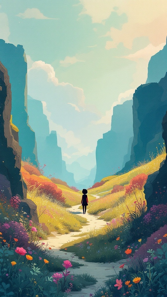 A serene landscape with a figure walking along a winding path surrounded by colorful flowers and cliffs.