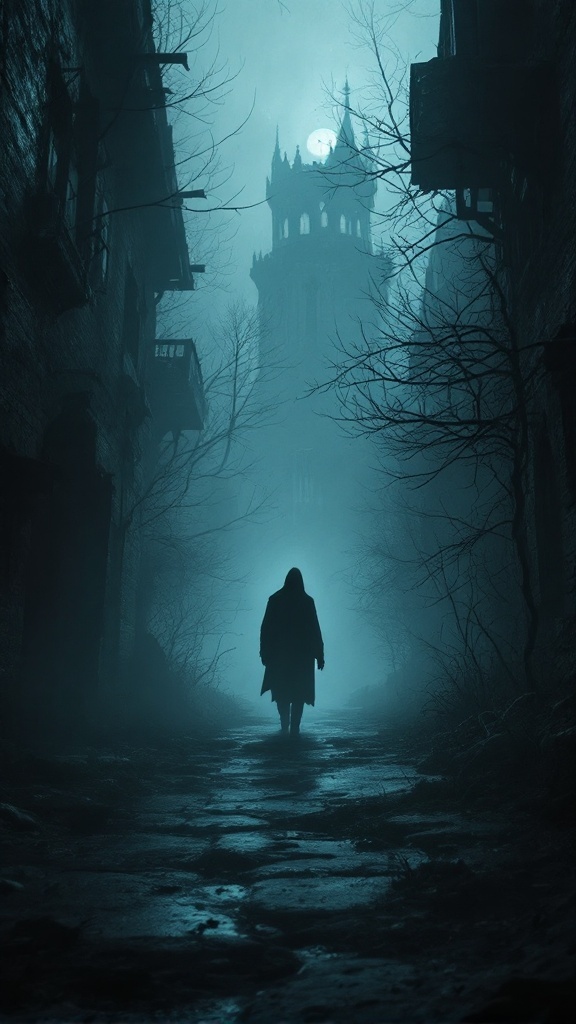 A shadowy figure walking down a foggy, dimly lit path with a towering structure in the background under a night sky.