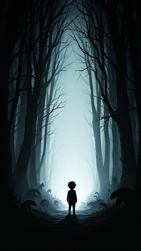 Silhouette of a boy in a dark forest with bare trees and light in the distance.