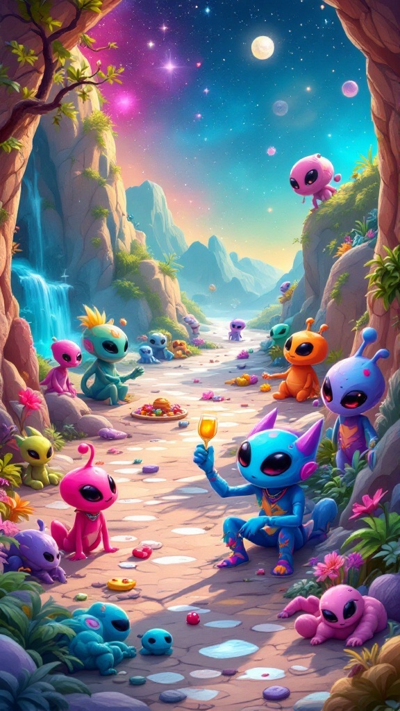 A whimsical alien gathering with colorful creatures in a vibrant landscape.