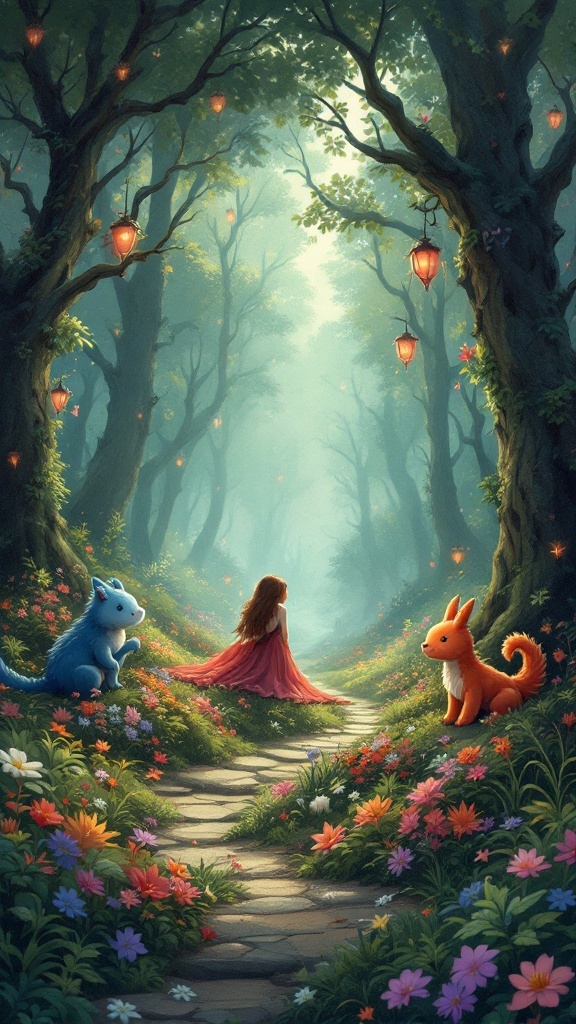 A serene forest scene featuring a girl in a flowing dress surrounded by vibrant flowers and two magical creatures.