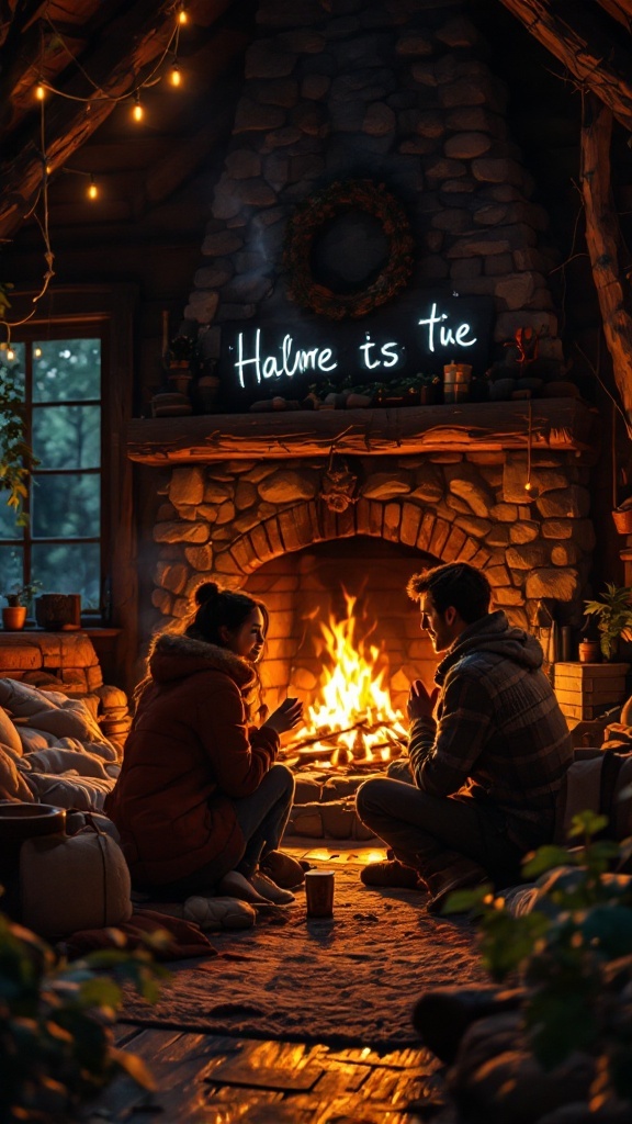 A cozy cabin with a couple sitting by the fire, sharing a moment of warmth and connection.