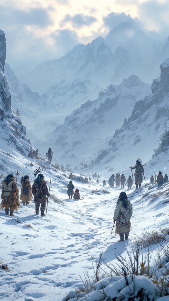 A snowy landscape with a group of people journeying through mountains, reflecting themes of survival and cultural storytelling.