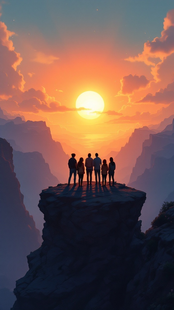 A group of friends silhouetted against a vibrant sunset in a mountainous landscape.