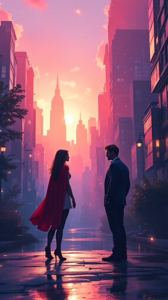 A superheroine with a red cape stands opposite a handsome figure in a cityscape during sunset.