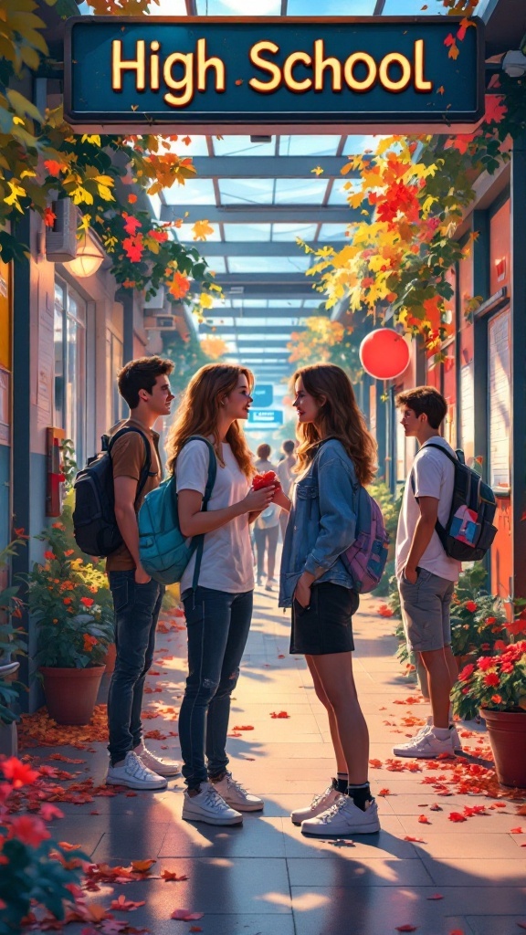 A vibrant high school scene with two girls having a conversation while two boys observe in the background, surrounded by autumn leaves and warm lighting.