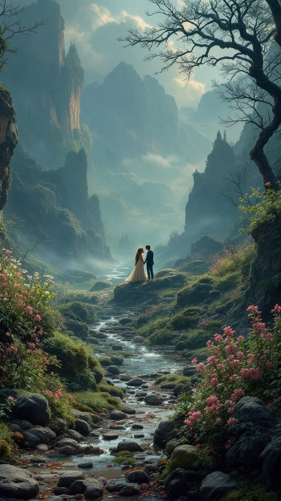 A couple standing in a beautiful fantasy landscape, surrounded by mountains and flowers.