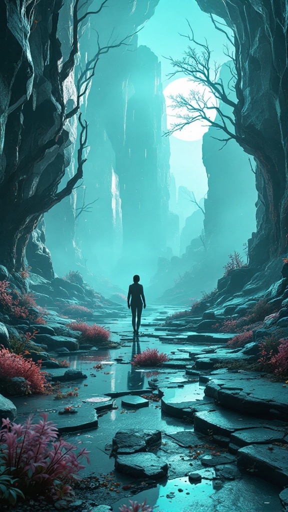 A lone figure walking through a mystical landscape with vibrant colors and smooth waters.