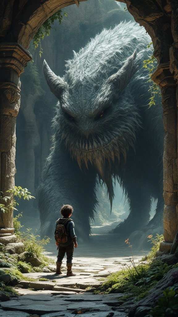 A boy stands before a giant creature in a mystical environment.