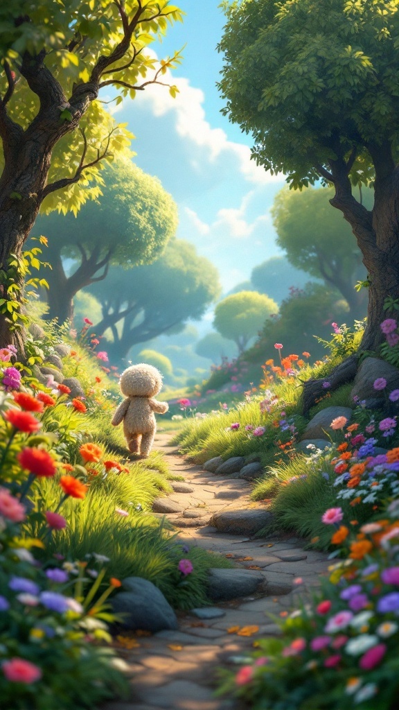 A cute yarn character walking down a flower-lined path in a lush, vibrant setting.