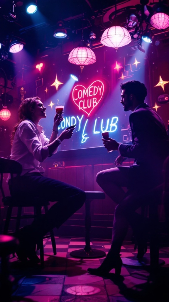 A cozy comedy club scene with two people enjoying drinks and engaging in conversation.