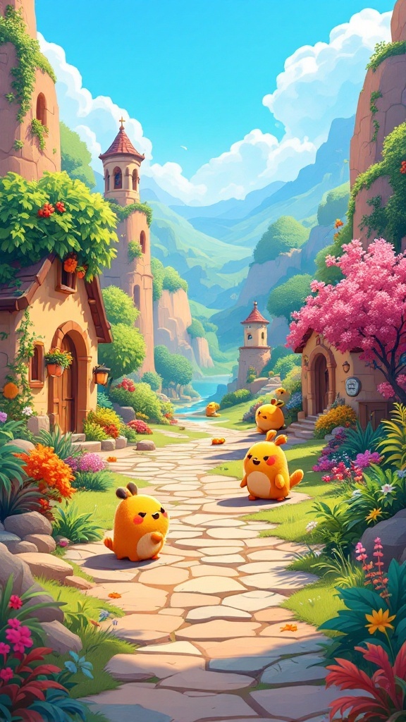 A colorful landscape with cute, round creatures walking along a flower-lined path, surrounded by charming buildings and mountains.