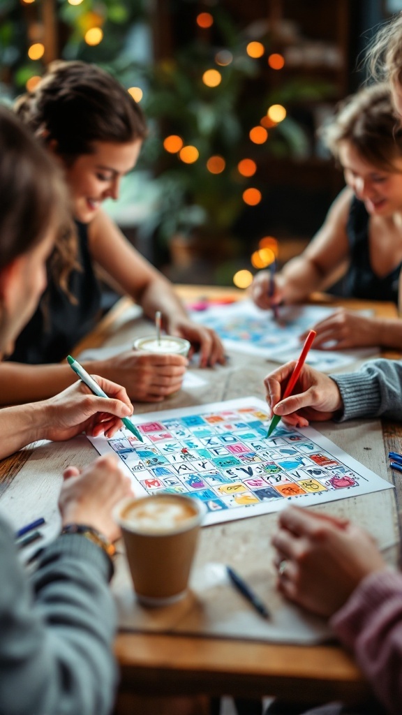 A group of friends playing Beano, a colorful bingo variation, at a cozy table.