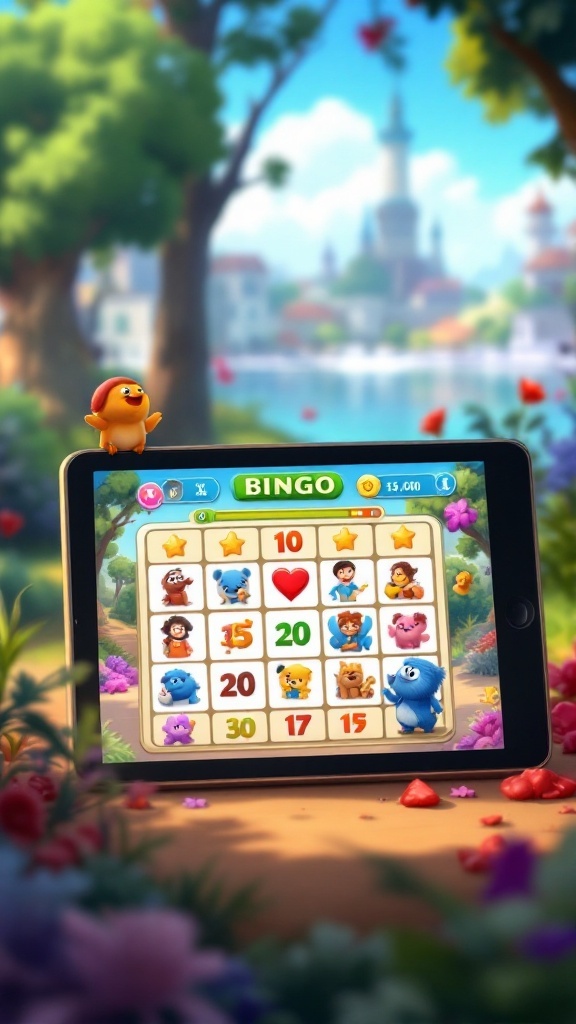 A colorful bingo game displayed on a tablet in a scenic outdoor setting.