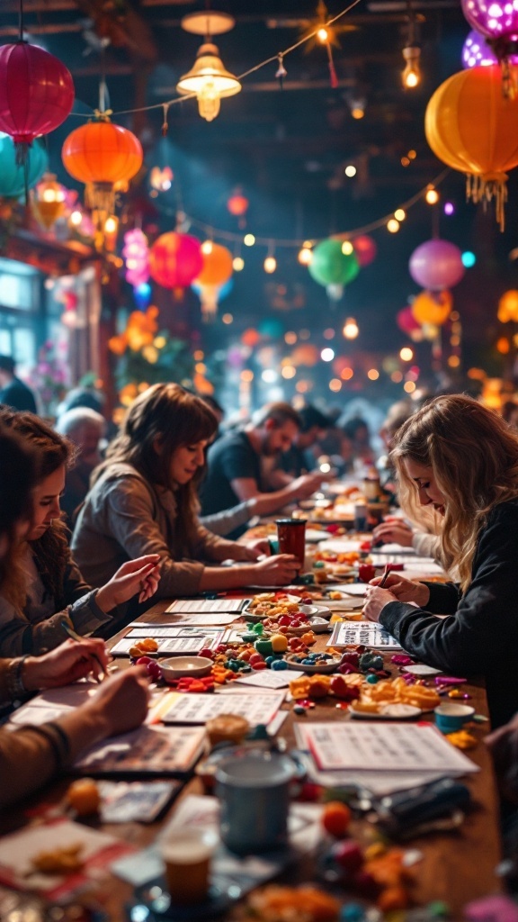 A lively bingo night with colorful lanterns, people engaged at tables with bingo cards and snacks.