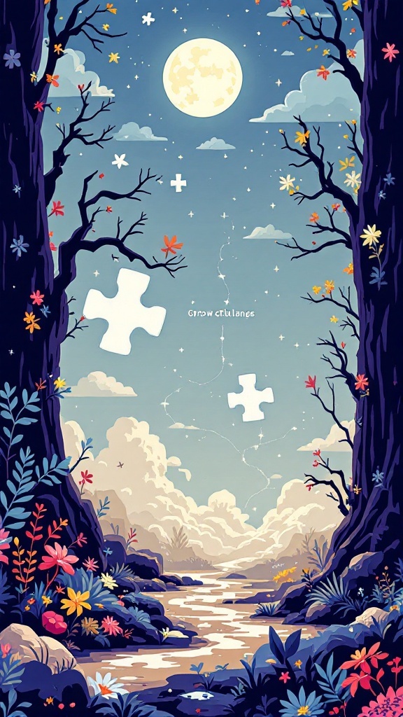 A whimsical landscape featuring a moon, clouds, and a missing puzzle piece, symbolizing games that challenge your skills.