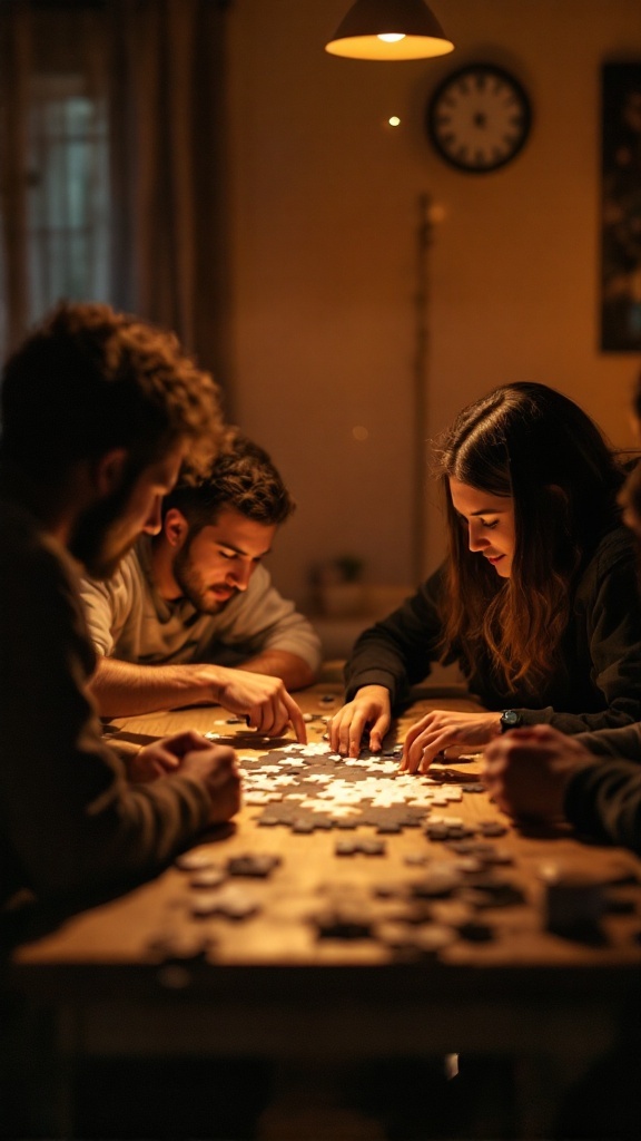 A group of friends engaged in a puzzle game at a table, illuminated by warm light.