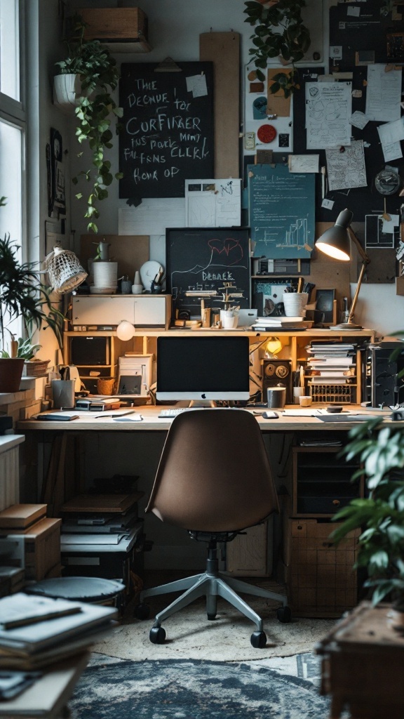 A cozy workspace filled with items on a desk, plants, and a wall covered in notes and charts.