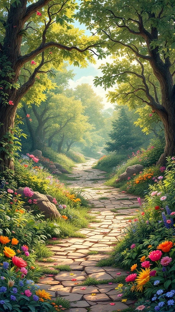 A serene cobblestone path surrounded by colorful flowers and lush green trees.