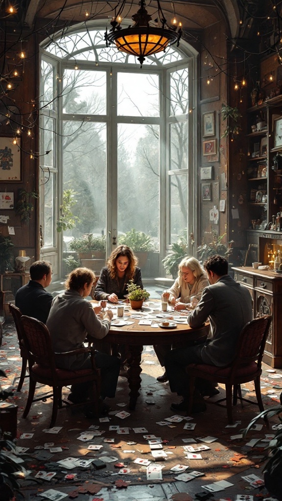 Group of friends playing Housie around a table in a cozy room