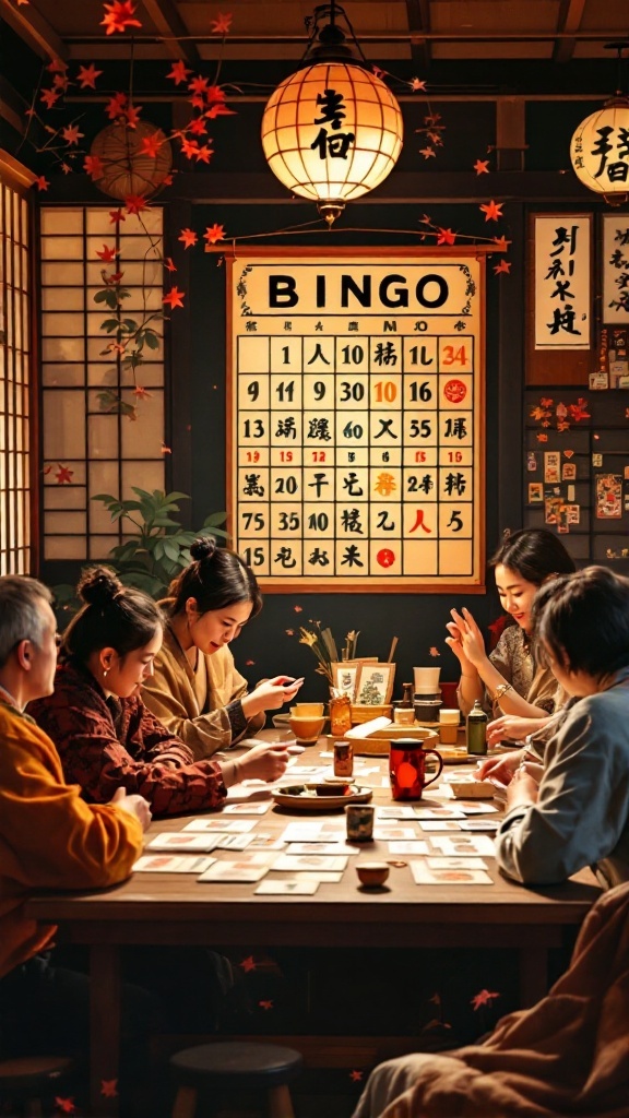 A group of people playing Kagome bingo around a table with a bingo board and traditional Japanese decor.