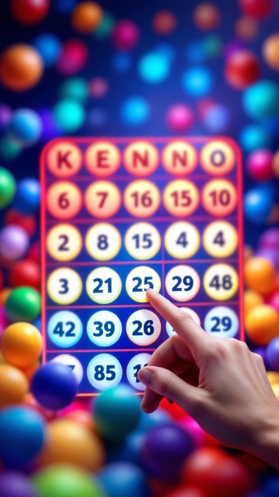 A Keno board with colorful numbers and a hand pointing at the number 25