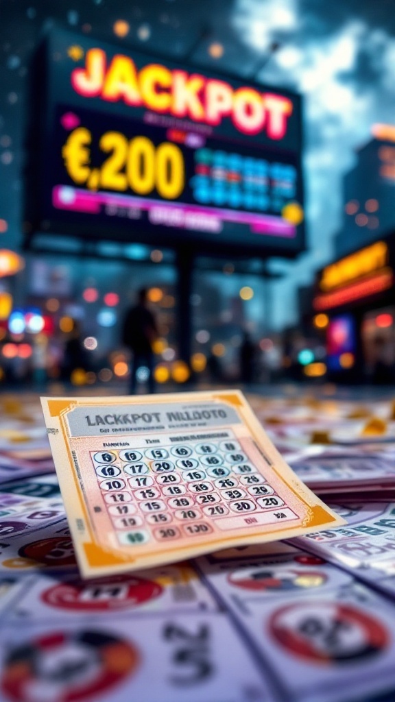 A lotto ticket on a table with a jackpot sign in the background, creating an atmosphere of excitement.