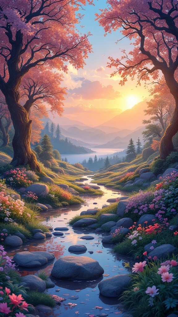 A serene landscape featuring cherry blossom trees, a gentle stream, and colorful flowers at sunset