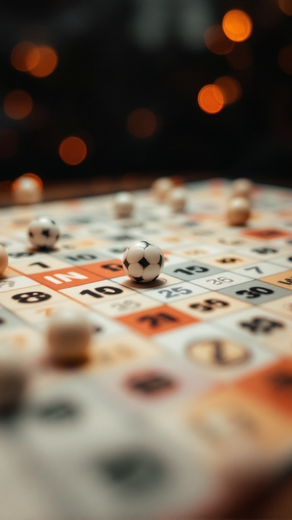 A bingo card with numbered spaces and several balls placed on it, including a soccer ball, indicating an active game.