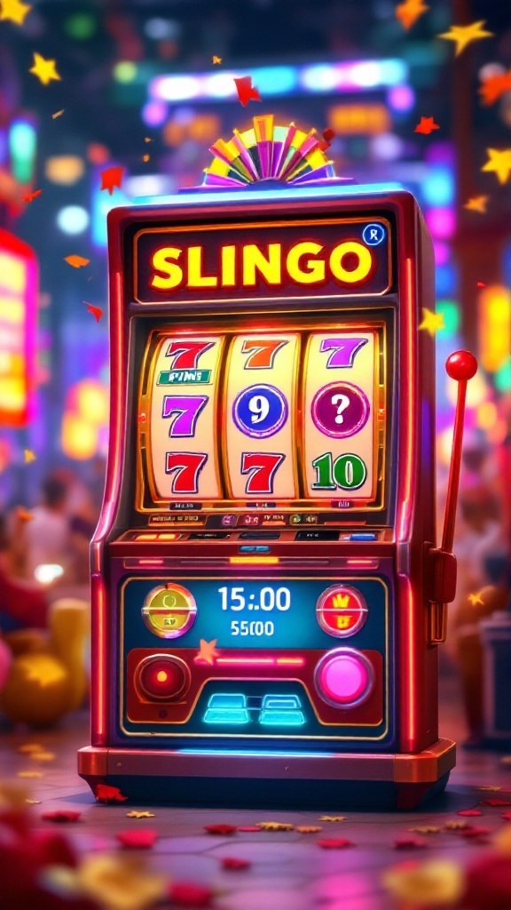 A colorful Slingo slot machine featuring bright reels with numbers and inviting lights.