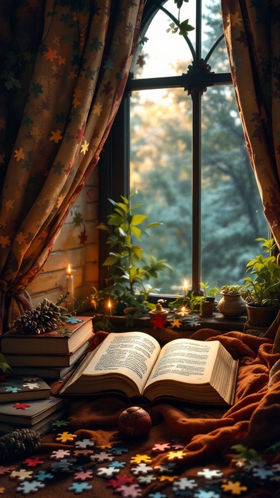 A cozy window scene featuring an open book, colorful puzzle pieces, and candles, suggesting a narrative-driven puzzle experience.