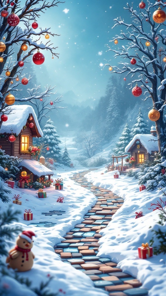 A snowy winter scene with decorated cottages, trees, and a pathway, capturing the essence of a cozy holiday atmosphere.