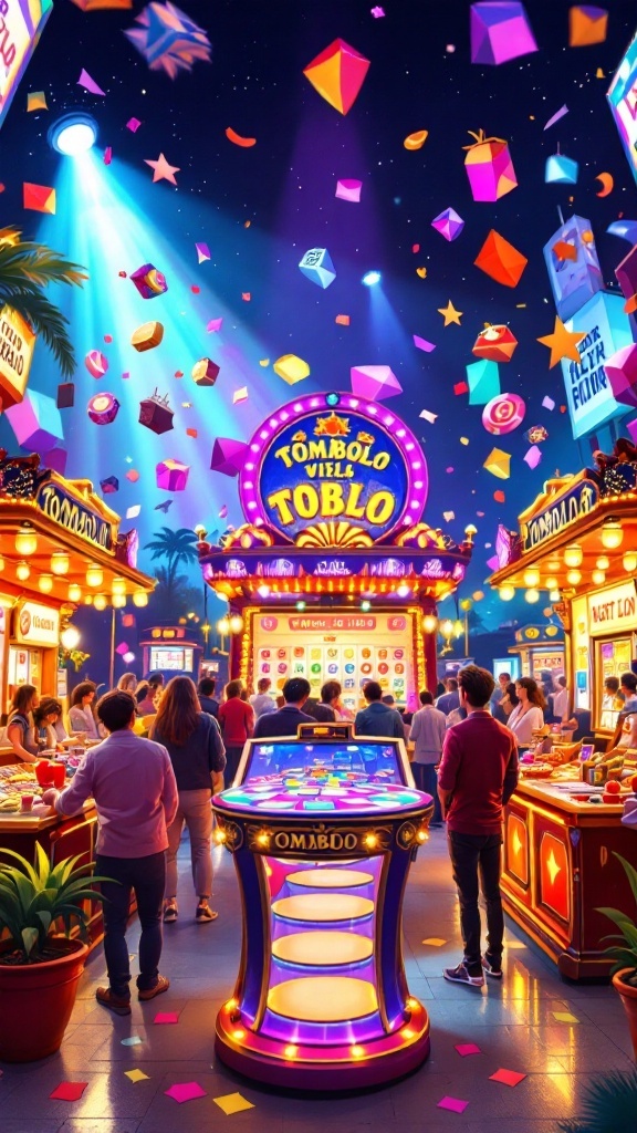 A vibrant scene of a Tombola game with colorful lights, people gathered around a central game station, and festive decorations.