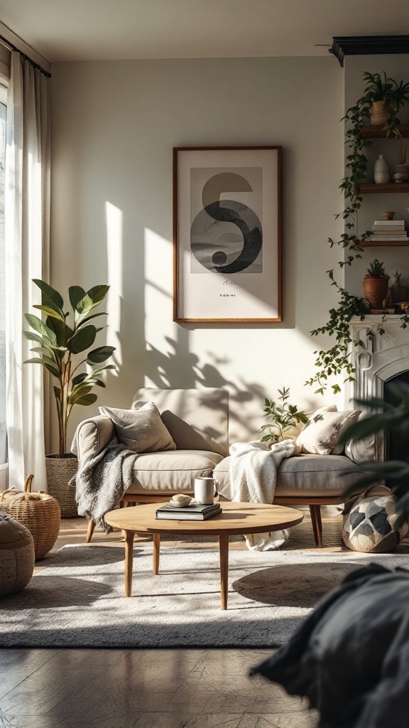 Cozy living room with a sofa, coffee table, plants, and abstract wall art