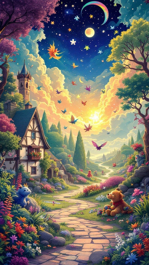 A whimsical landscape with colorful flowers, a charming cottage, and friendly creatures in a magical setting