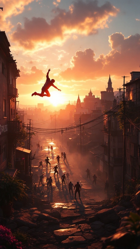 A character leaps through the air in a zombie-filled urban environment at sunset.